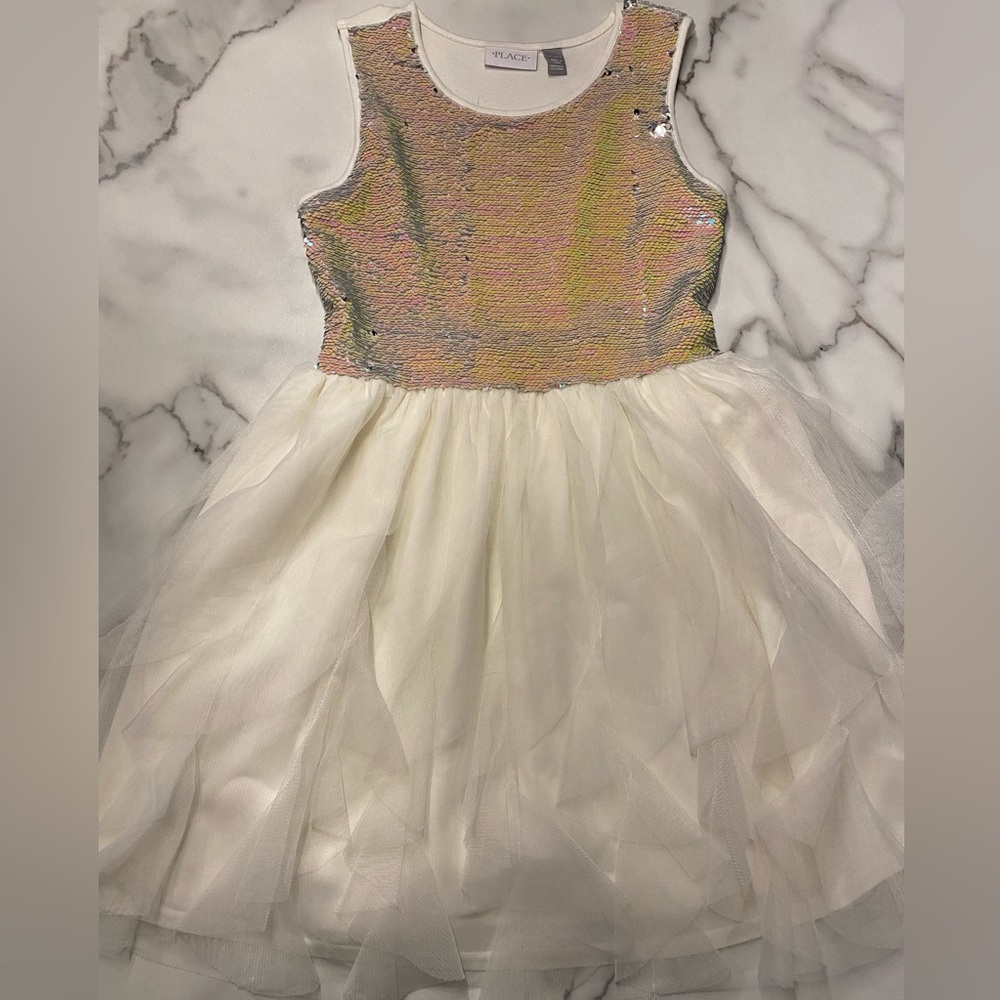Children’s Place Girls sequin and tulle ivory sleeveless dress Large